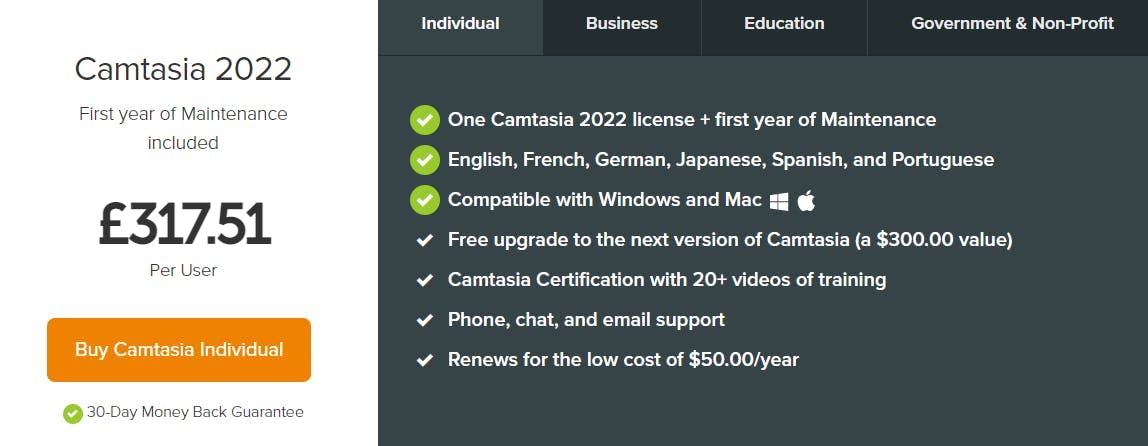 How much does Camtasia cost?
