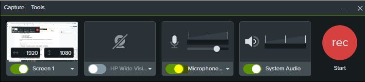 Screen, camera, microphone, and audio options in Camtasia