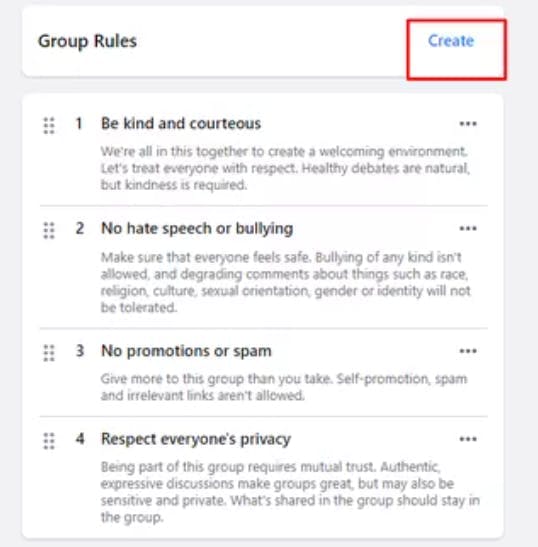 Example of Facebook group rules