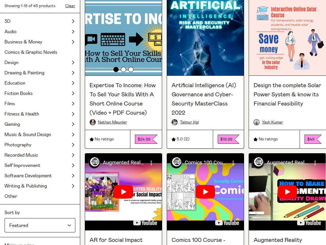 Online video courses in Gumroad Discover